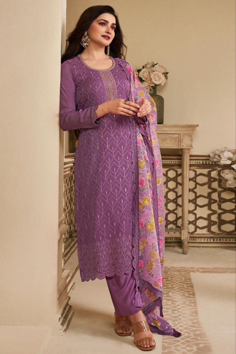 Prachi Desai Organza Fabric Purple Color Elegant Salwar Suit