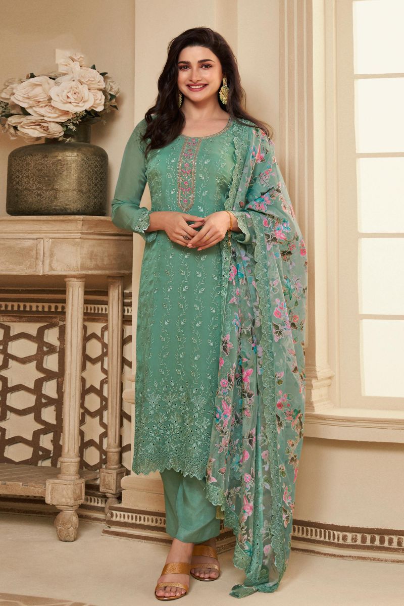 Prachi Desai Green Color Organza Fabric Trendy Salwar Suit