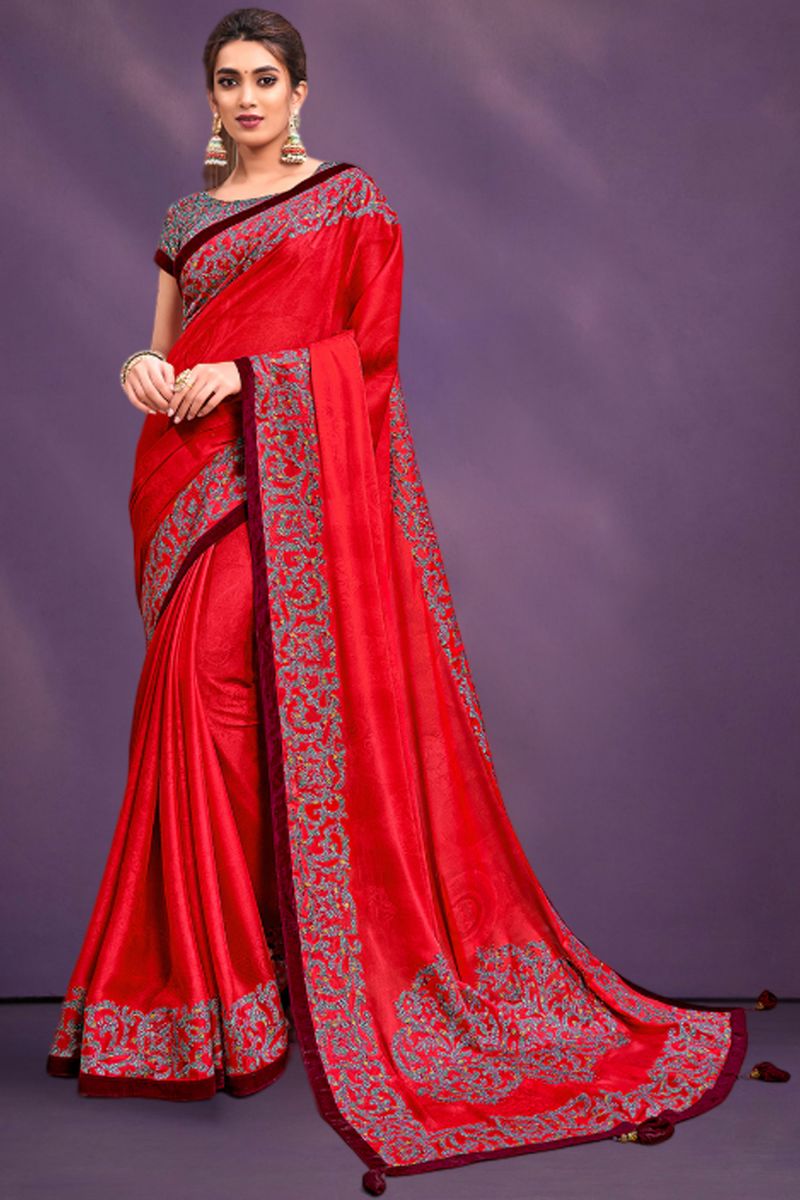 Red Color Embroidered Work On Georgette Silk Beatific Saree