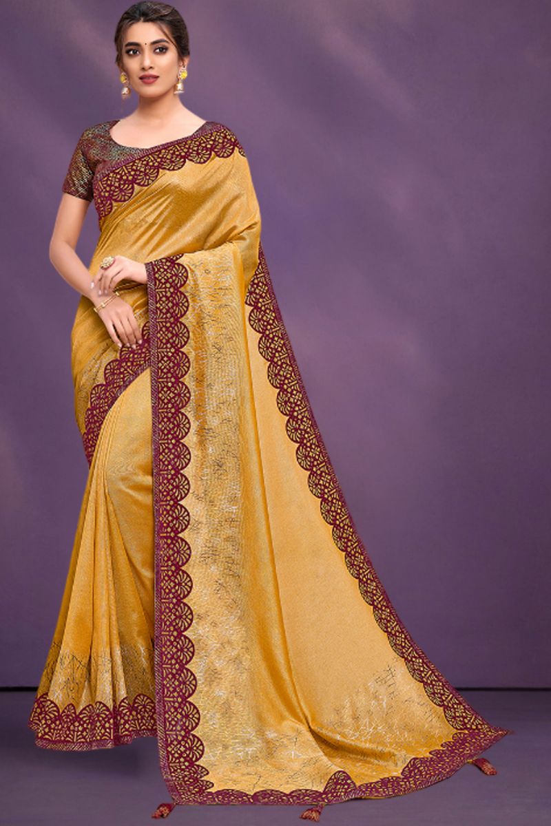 Embroidered Work On Yellow Color Georgette Silk Saree