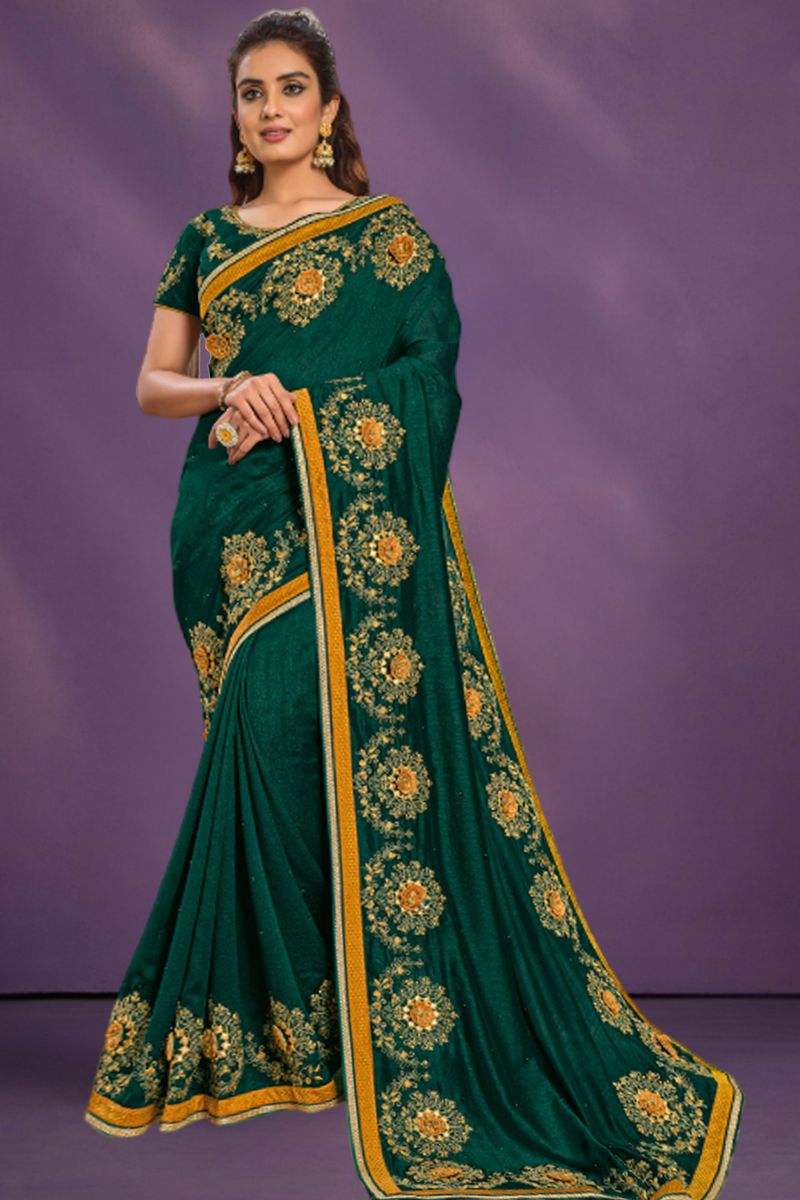 Embroidered Work On Georgette Silk Dark Green Color Saree