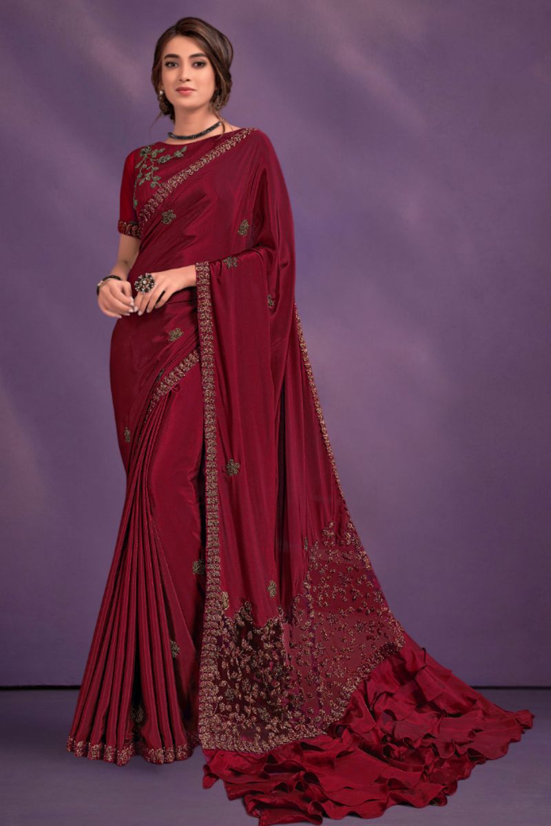 Crepe Maroon Color Saree With Winsome Embroidered Work