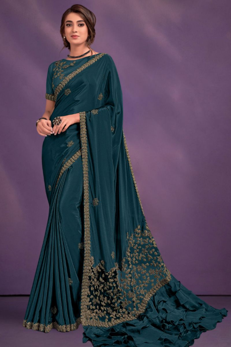 Embroidered Work On Saree In Teal Color Crepe Fabric