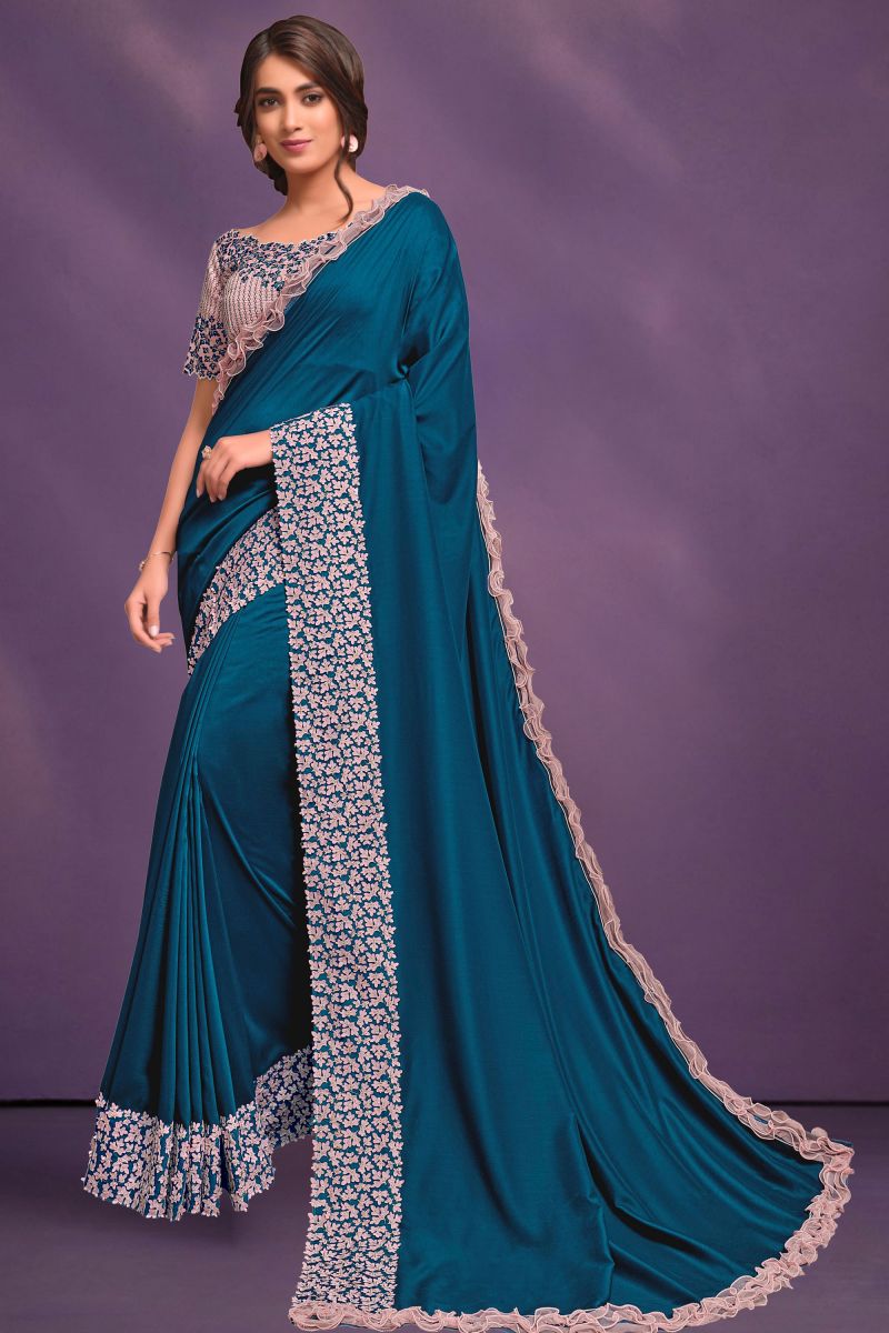 Embroidered Work On Georgette Silk Saree In Teal Color