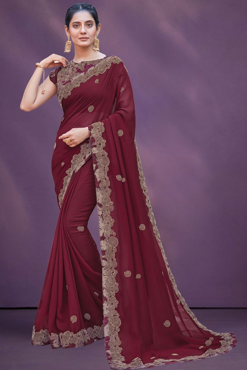 Maroon Color Georgette Silk Saree With Embroidered Work