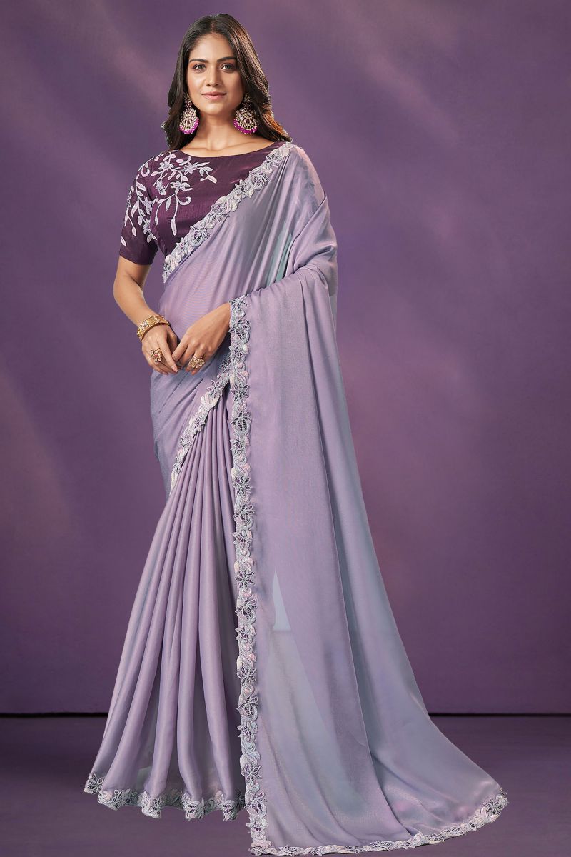 Organza Embroidered Work On Saree In Lavender Color