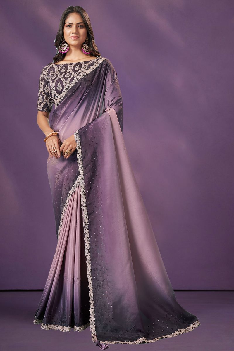 Embroidered Work Purple Color Crepe Beauteous Saree