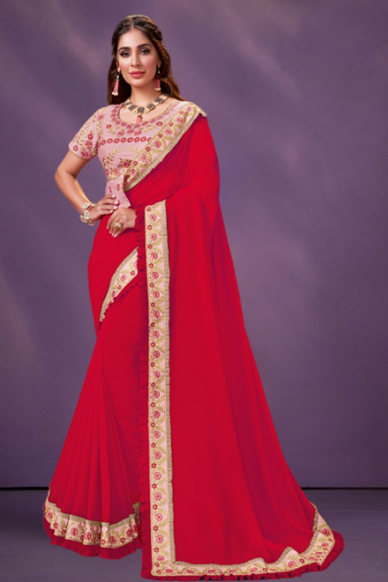 Red Color Embroidered Work On Saree In Georgette Silk Fabric