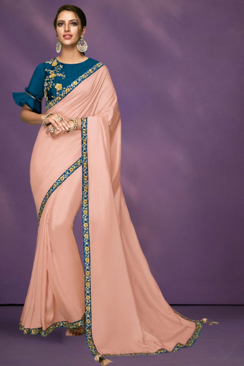 Embroidered Work On Peach Color Satin Silk Saree