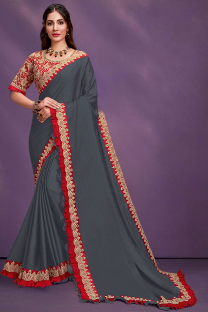 Georgette Silk Grey Color Saree With Embroidered Work 