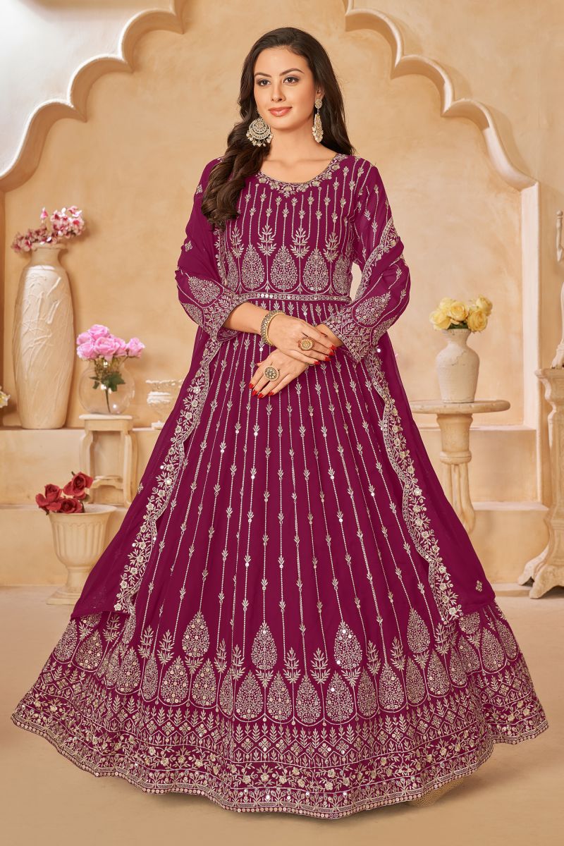Magenta Color Embroidered Long Anarkali Salwar Suit In Georgette Fabric