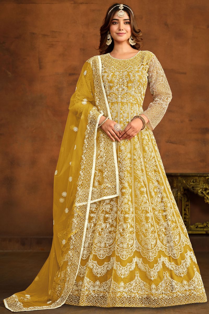Embroidered Festive Wear Anarkali Dress In Net Fabric Yellow Color