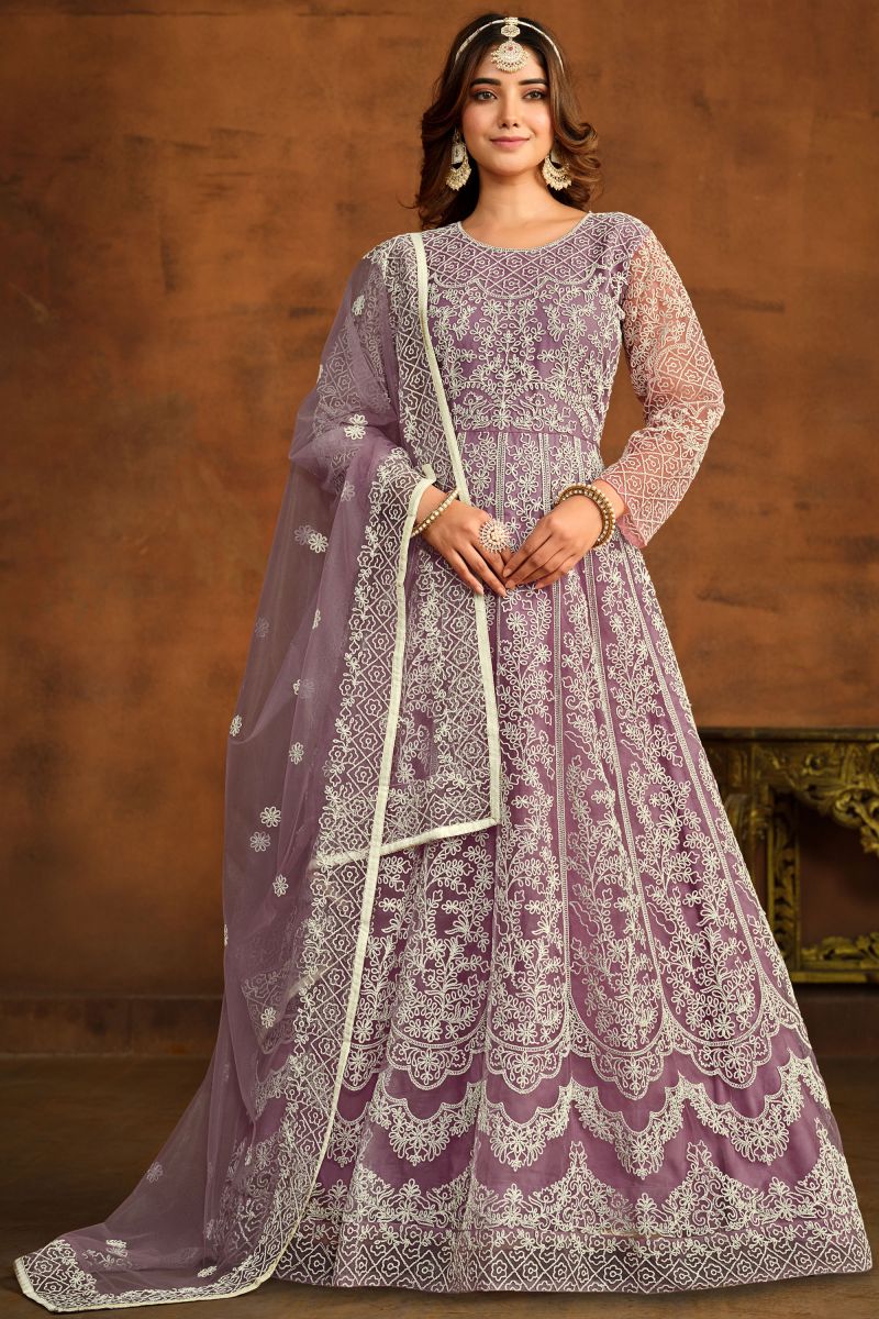 Lavender Color Festive Wear Embroidered Anarkali Salwar Kameez In Net Fabric