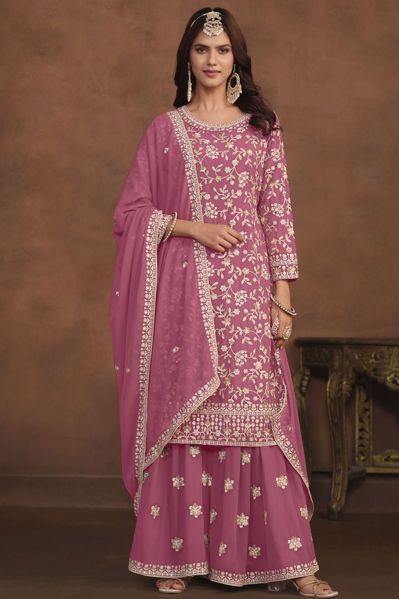 Georgette Embroidery Work Function Wear Stylish Palazzo Salwar Suit In Pink Color