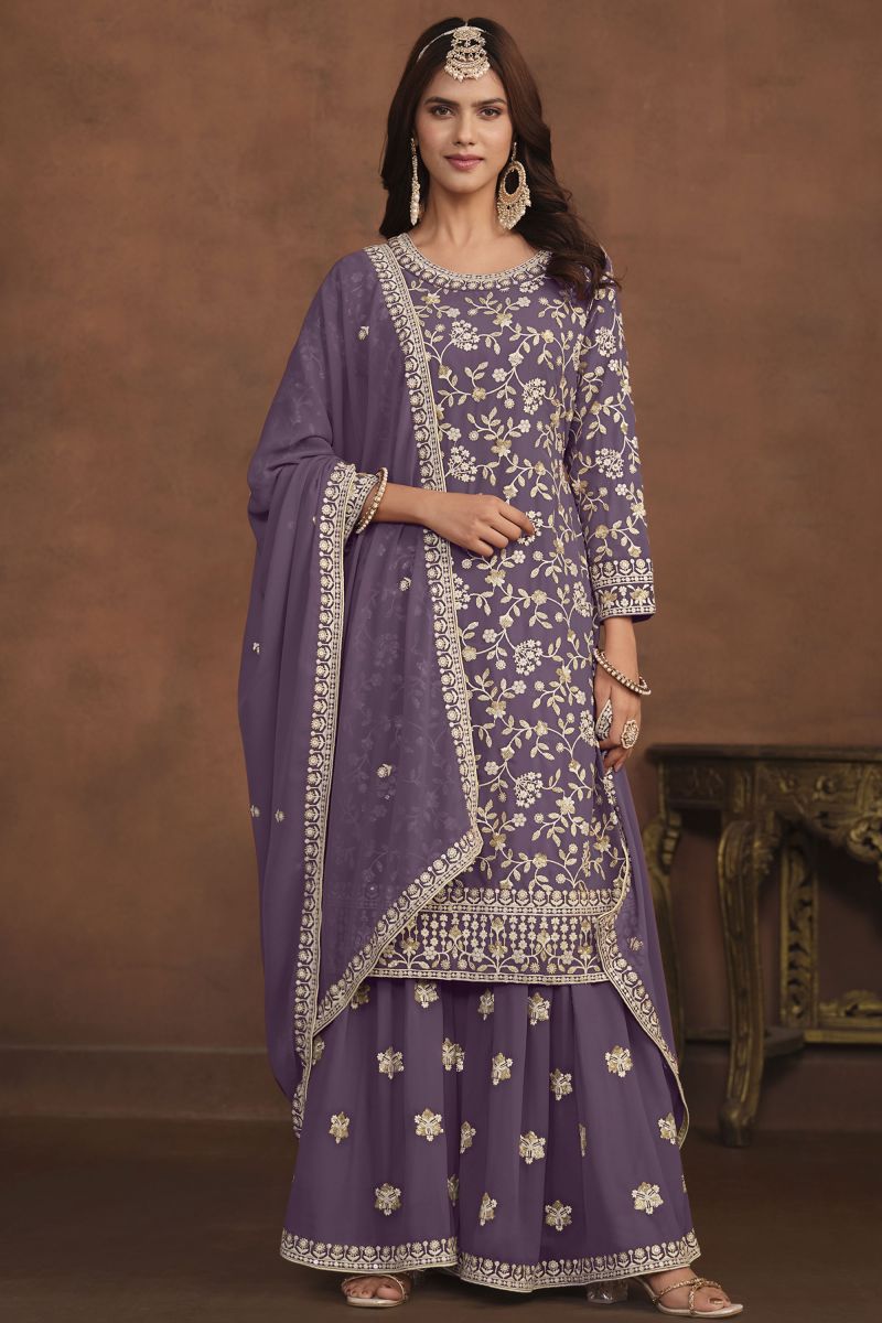 Embroidered Purple Color Function Wear Beautiful Georgette Palazzo Suit
