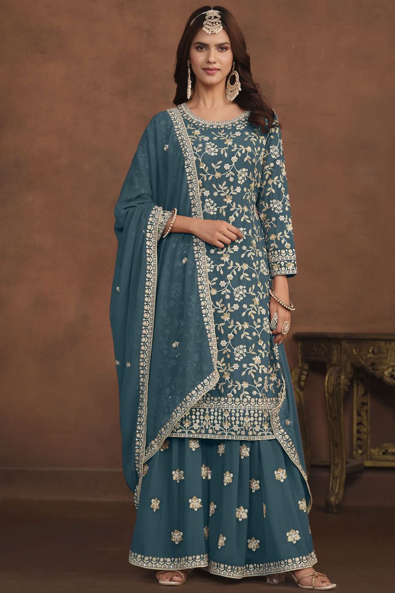 Function Wear Teal Attractive Embroidery Work Palazzo Dress In Georgette Fabric