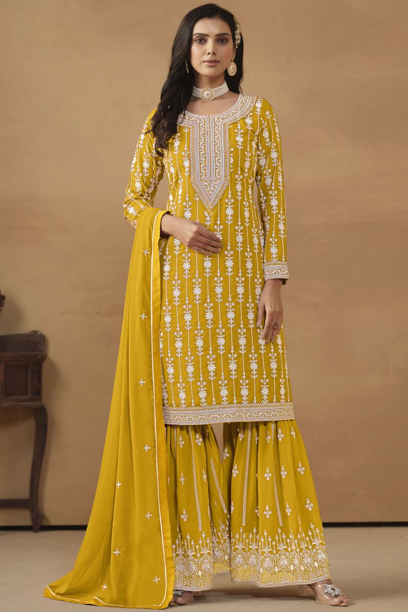 Sangeet Wear Georgette Yellow Color Embroidered Palazzo Suit