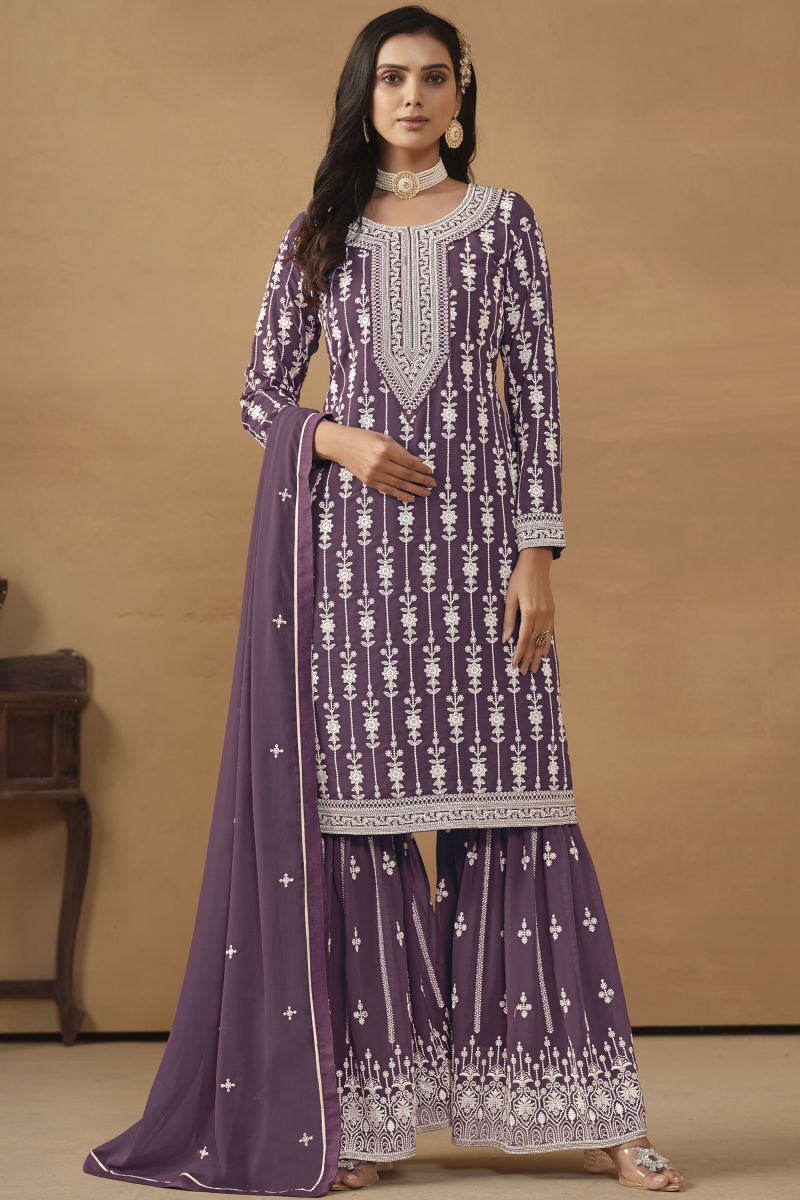 Purple Color Georgette Embroidered Palazzo Suit In Sangeet Wear