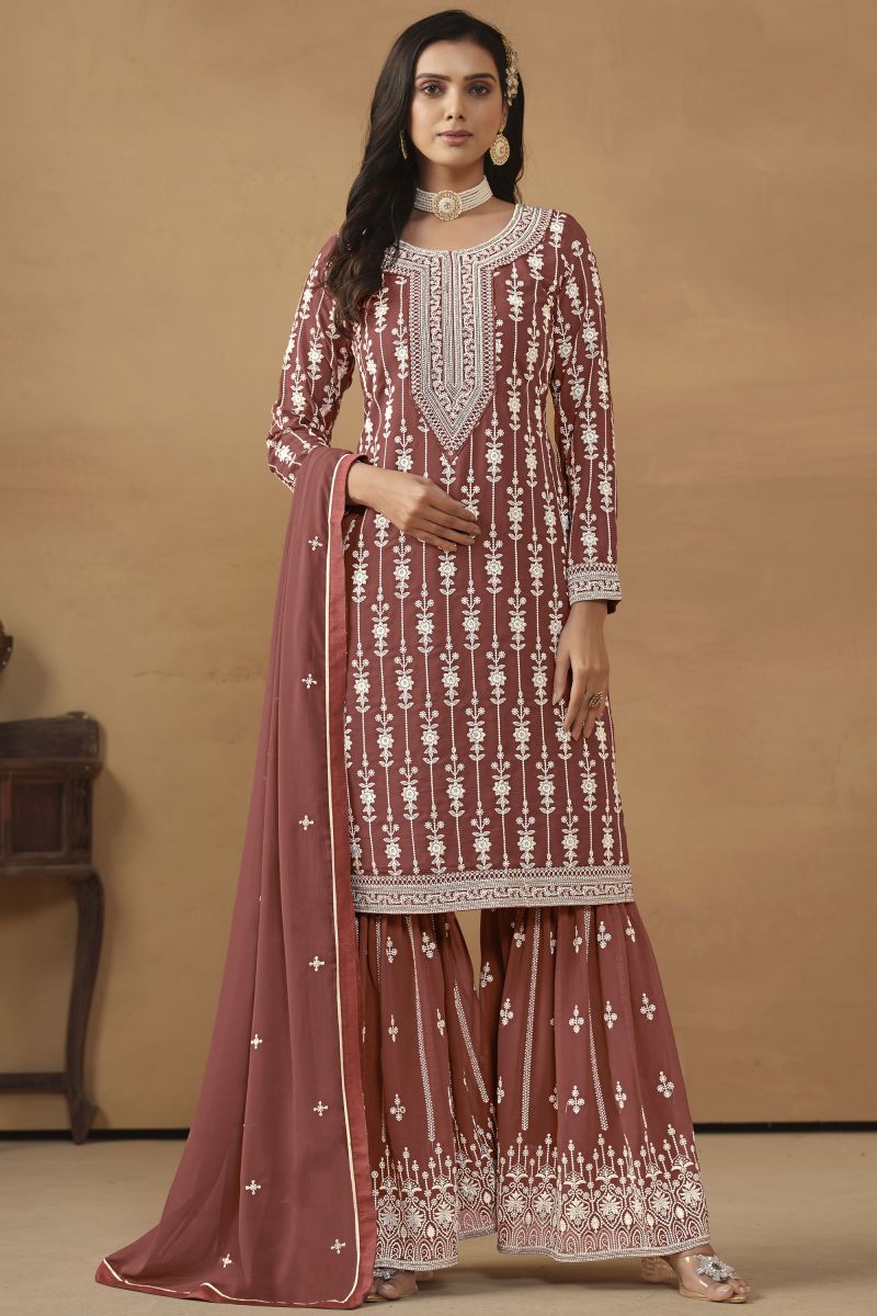Sangeet Wear Georgette Brown Color Embroidered Palazzo Suit