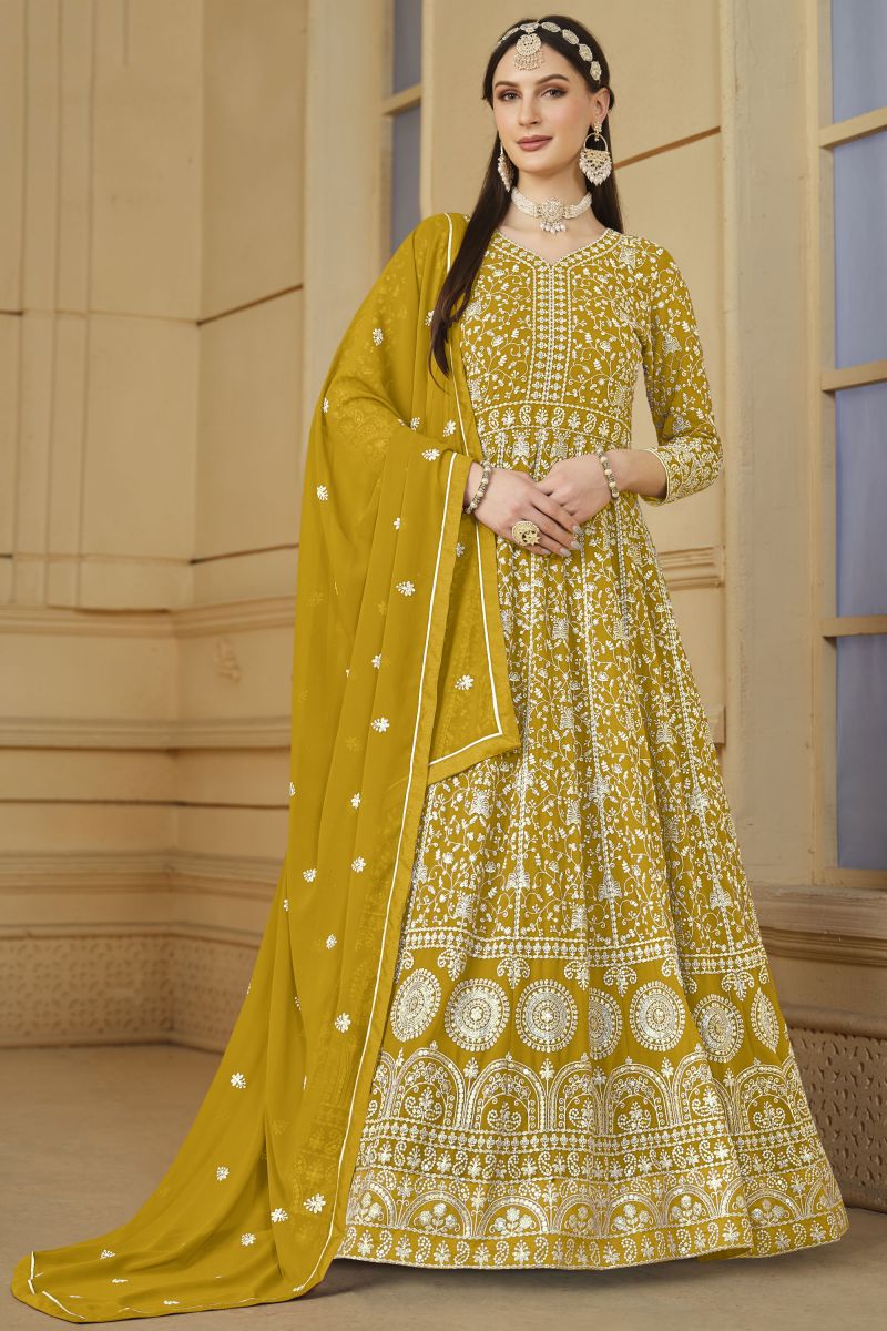 Yellow Color Georgette Fabric Embroidered Festive Wear Fashionable Anarkali Salwar Suit