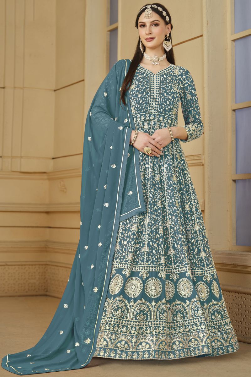 Embroidered Function Wear Anarkali Dress In Georgette Fabric Teal Color