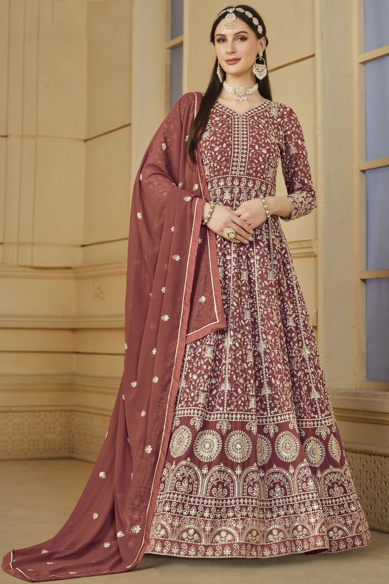 Rust Color Function Wear Embroidered Anarkali Salwar Kameez In Georgette Fabric