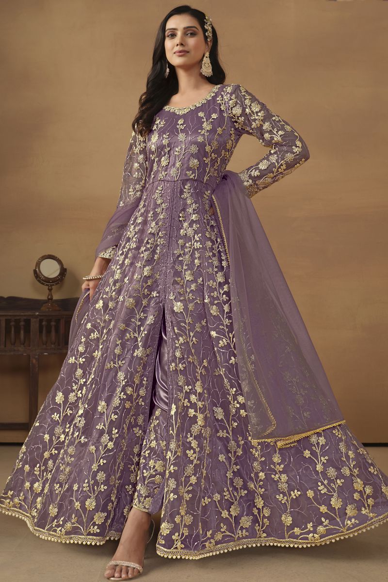 Net Fabric Function Wear Anarkali Suit In Lavender Color