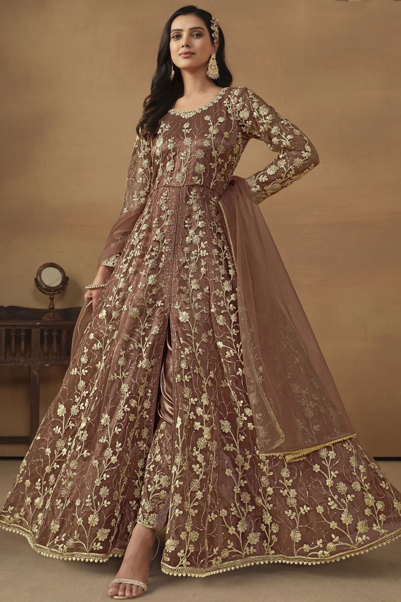 Net Fabric Function Wear Anarkali Suit In Brown Color