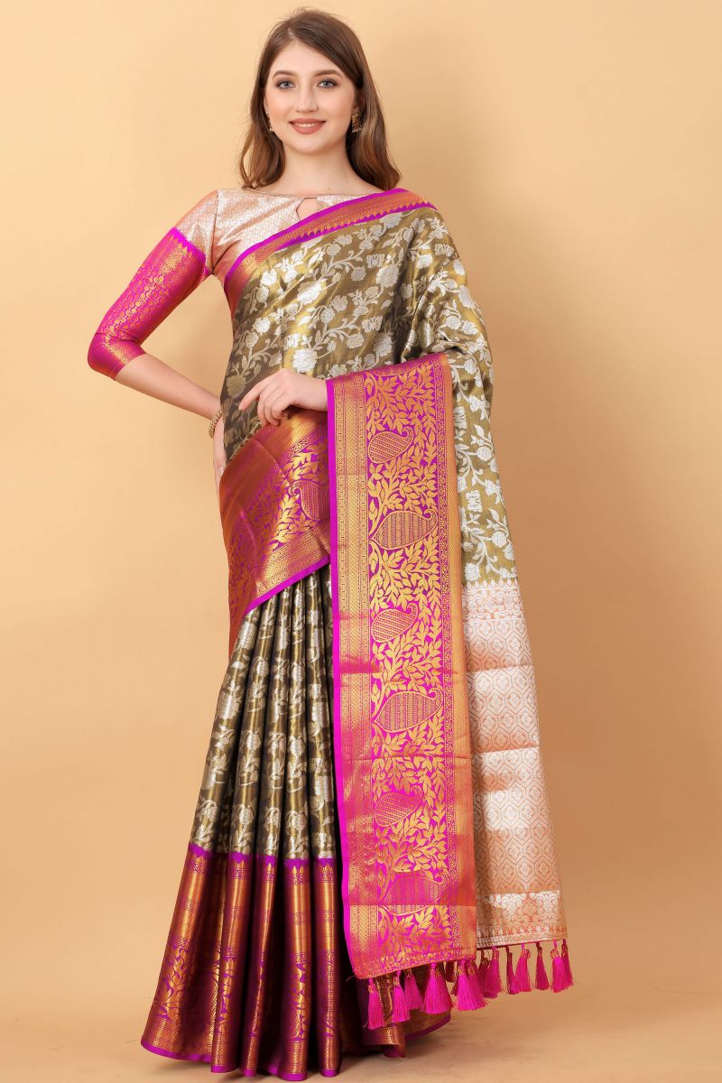Sober Brown Color Banarasi Silk Saree With Weaving Work