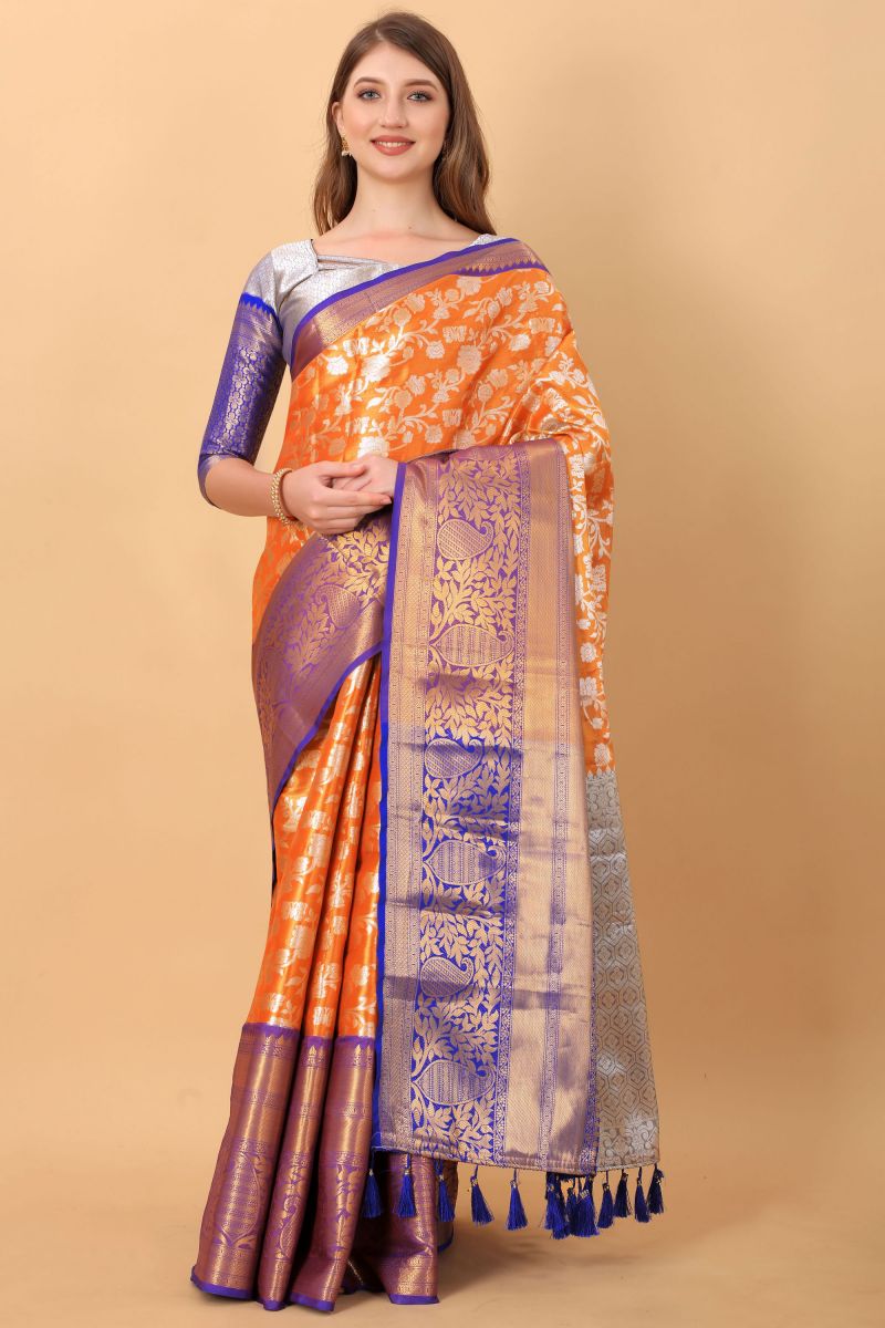 Orange Color Weaving Work On Engaging Banarasi Silk Saree