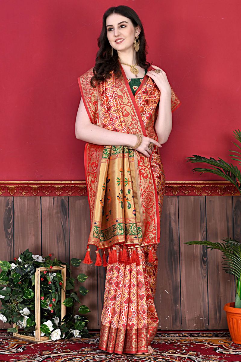 Blazing Red Color Wedding Wear Weaving Work Patola Silk Saree