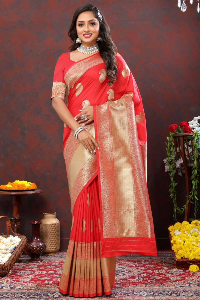 Soothing Party Wear On Red Color Silk Fabric Banarasi Saree