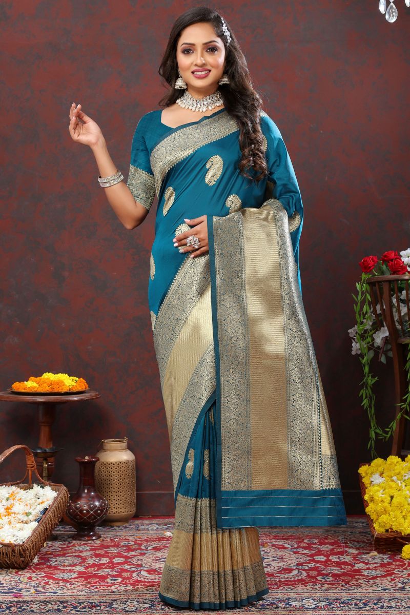 Dazzling Weaving Work On Blue Color Banarasi Silk Saree