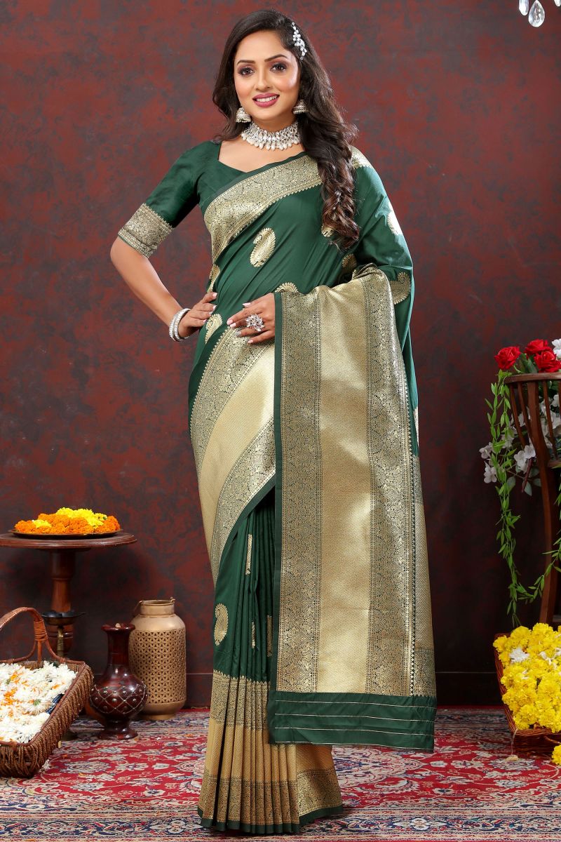 Charming Green Color Banarasi Silk Saree With Weaving Work