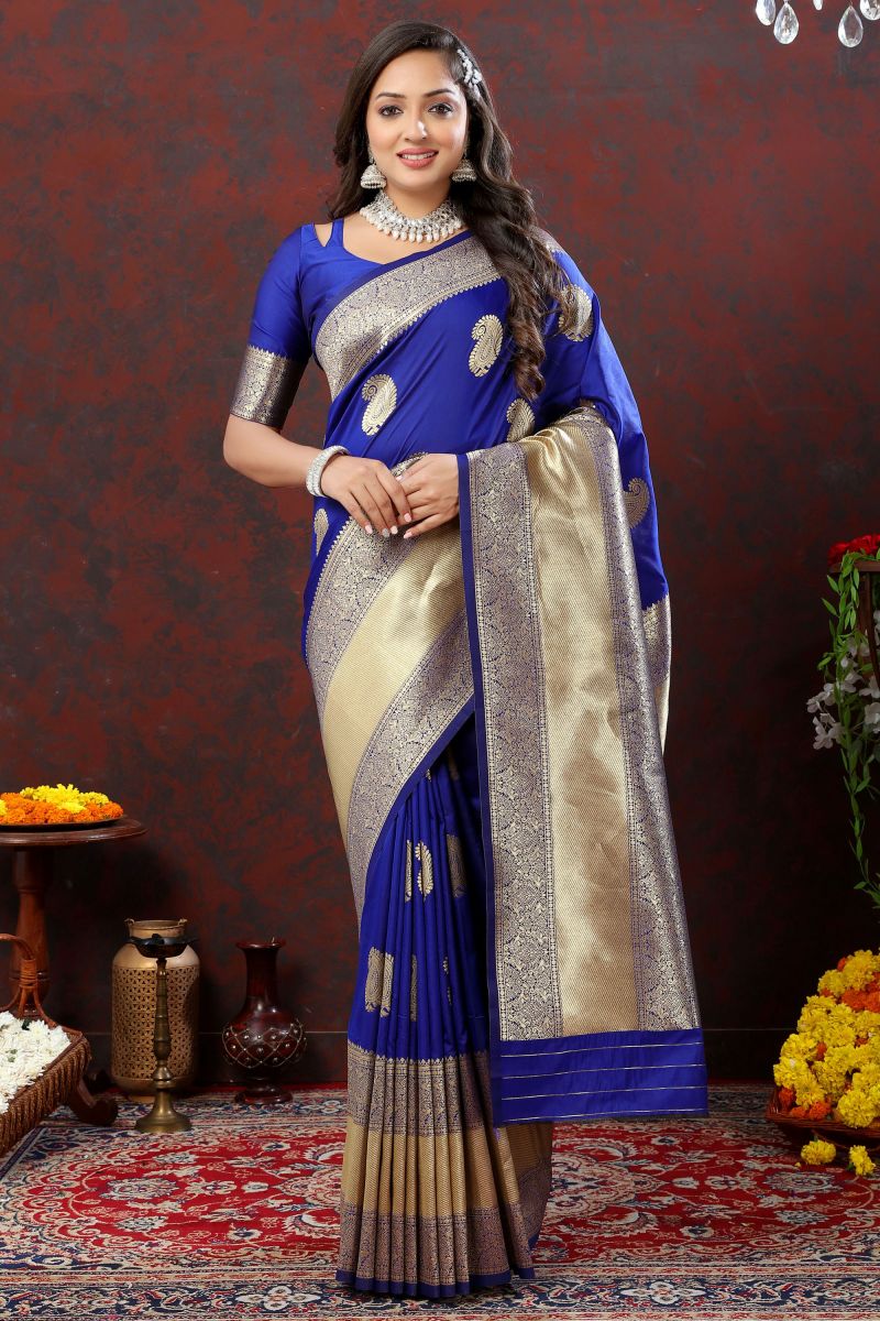 Mesmeric Blue Color Weaving Work On Banarasi Silk Saree