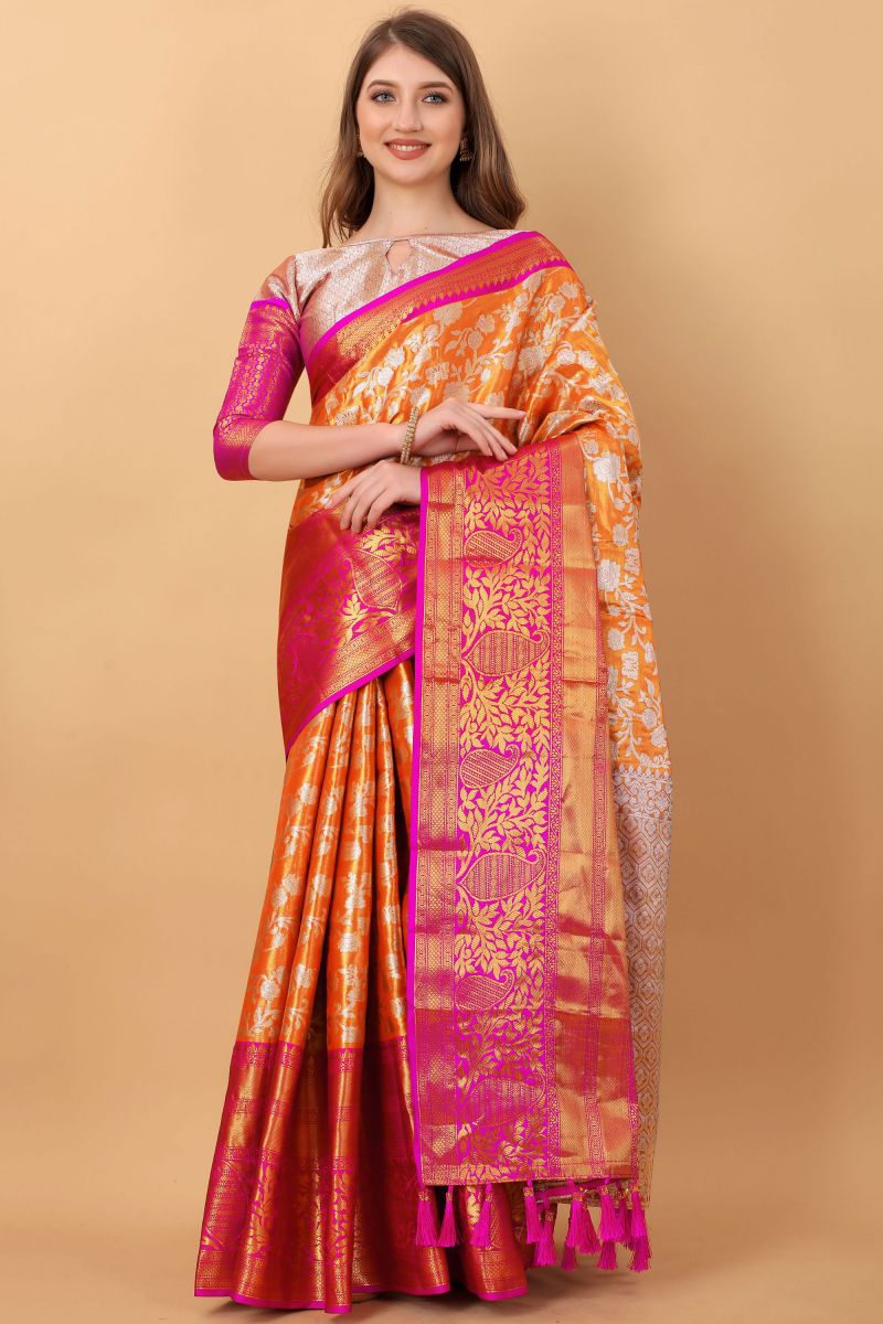 Excellent Navy Orange Color Banarasi Silk Saree With Weaving Work