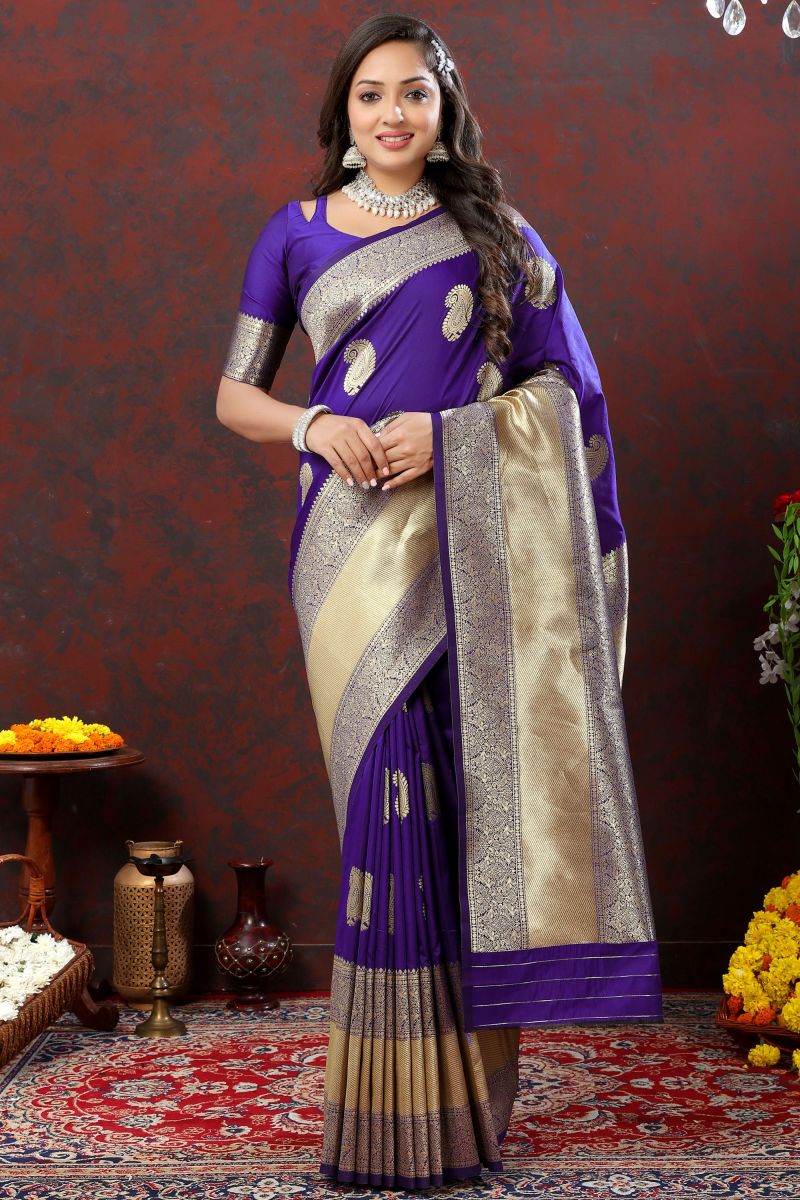 Radiant Weaving Work On Purple Color Banarasi Silk Saree