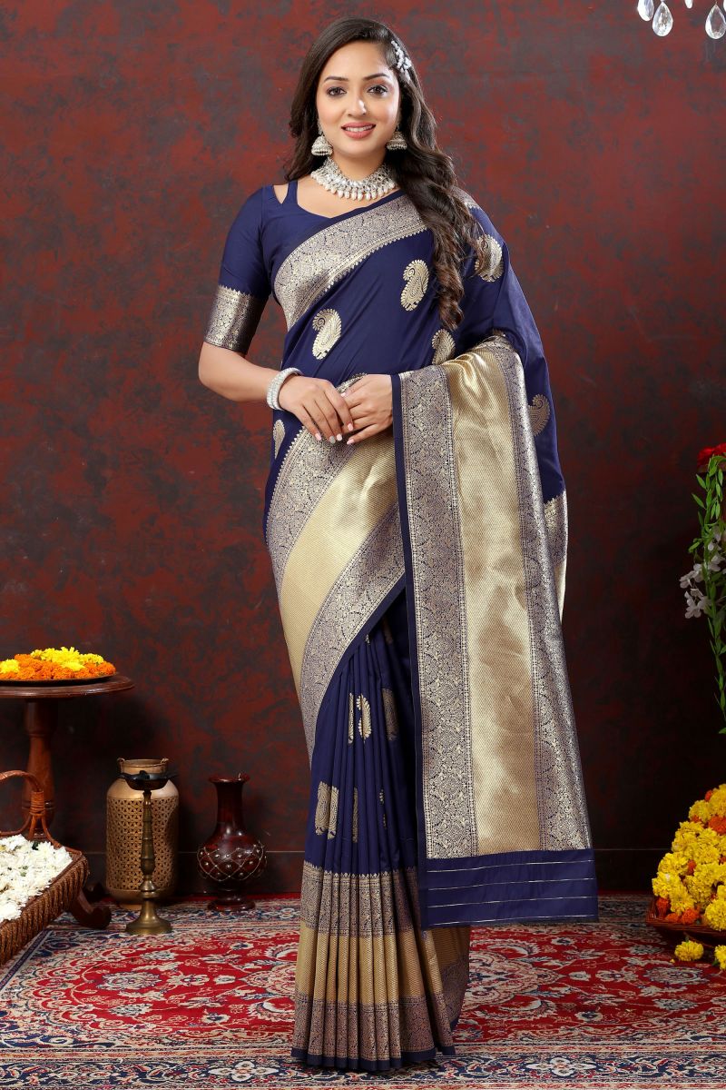 Excellent Navy Blue Color Banarasi Silk Saree With Weaving Work