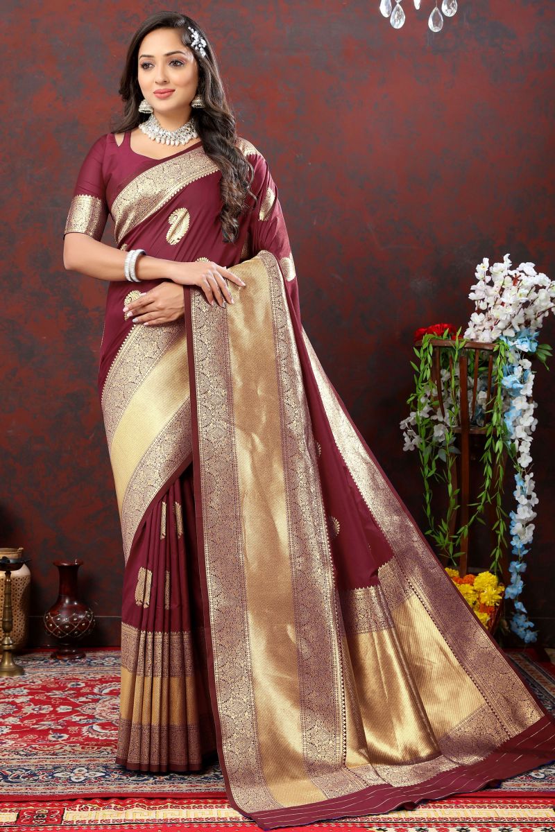 Maroon Color Weaving Work On Beatific Banarasi Silk Saree