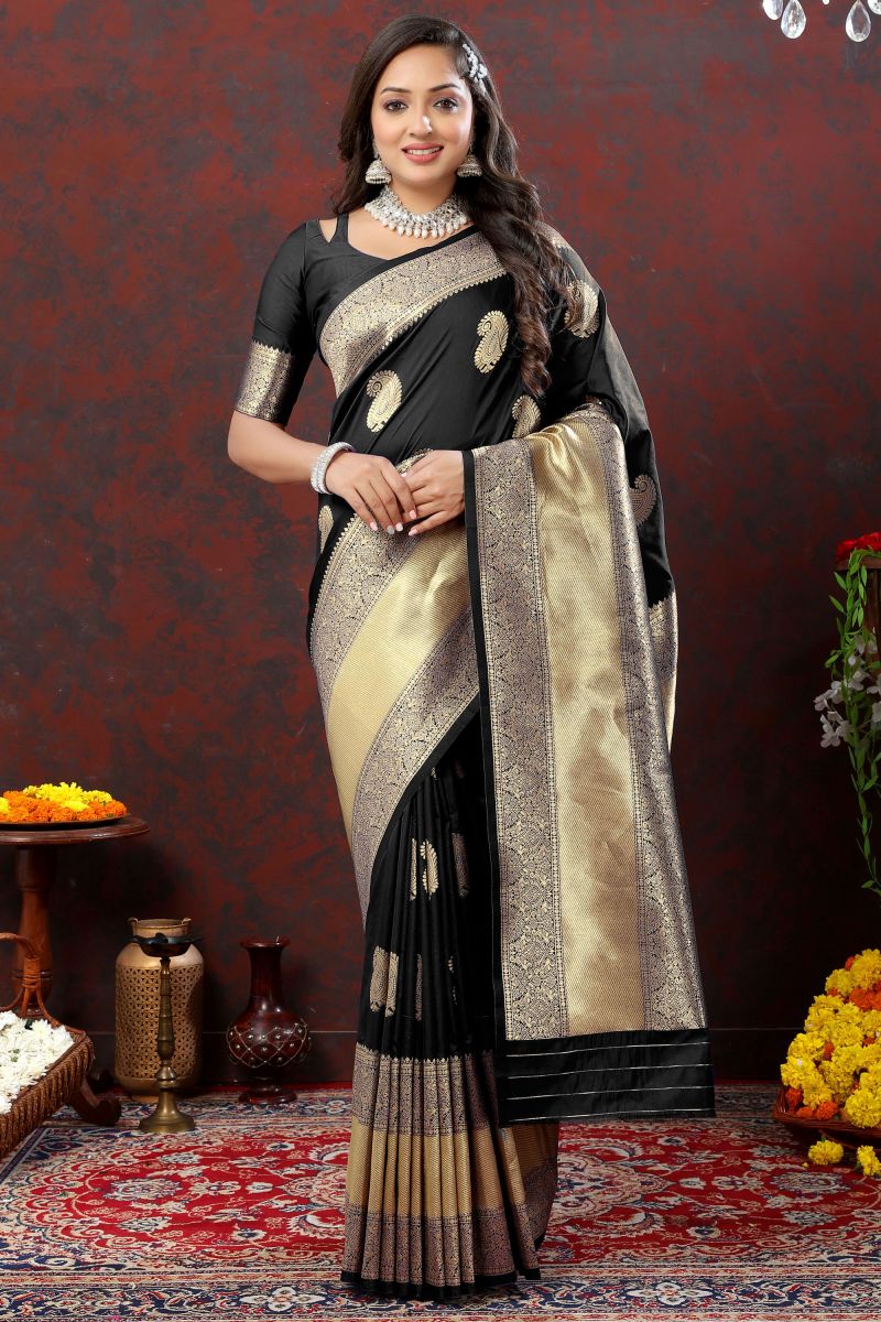 Beguiling Weaving Work On Black Color Banarasi Silk Saree