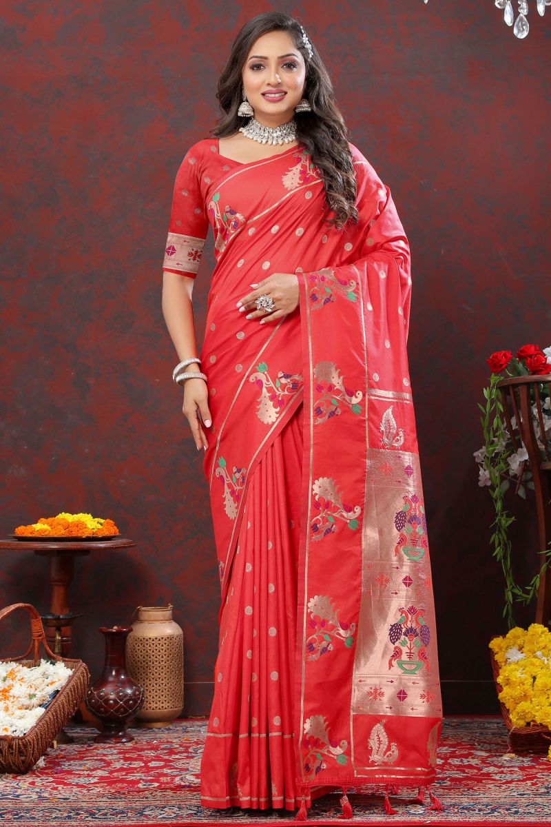 Red Color Reception Wear Weaving Work Attractive Paithani Silk Saree