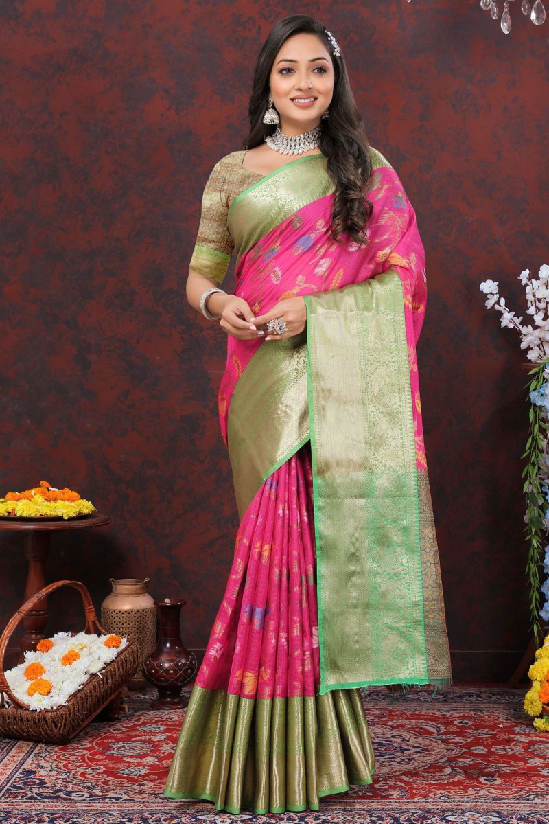 Cotton Fabric Pink Color Kota Saree With Winsome Weaving Work