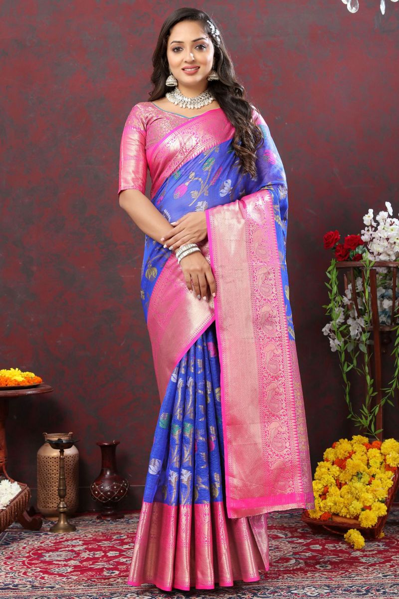 Marvellous Weaving On Cotton Fabric Kota Saree In Blue Color