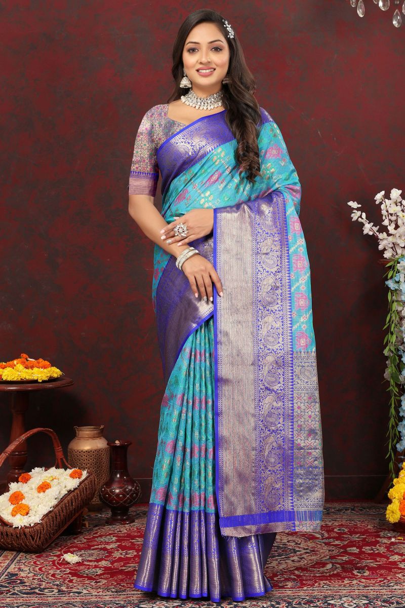 Blue Color Weaving Designs On Patola Style Function Wear Cotton Saree