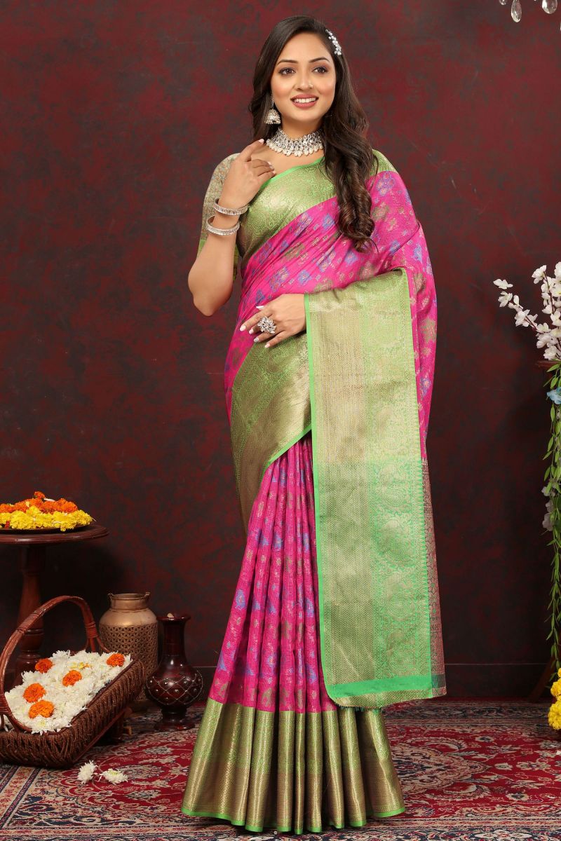 Weaving Work On Pink Color Patola Style Function Wear Cotton Saree