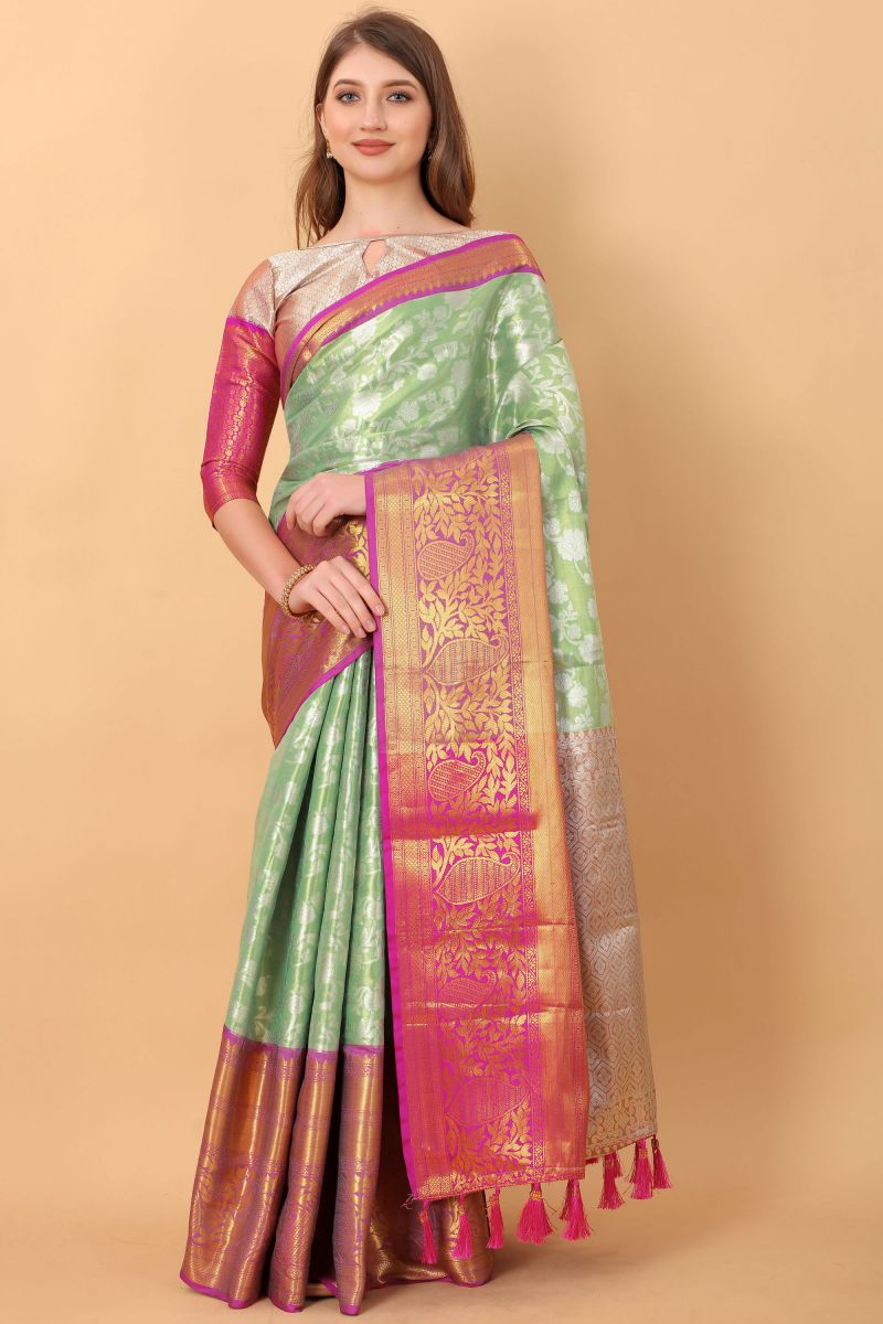 Beguiling Weaving Work On Green Color Banarasi Silk Saree