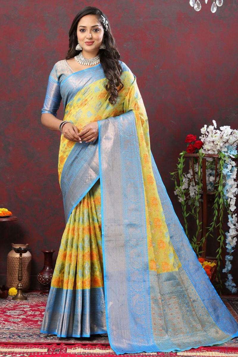 Weaving Work On Patola Style Function Wear Cotton Saree In Yellow Color