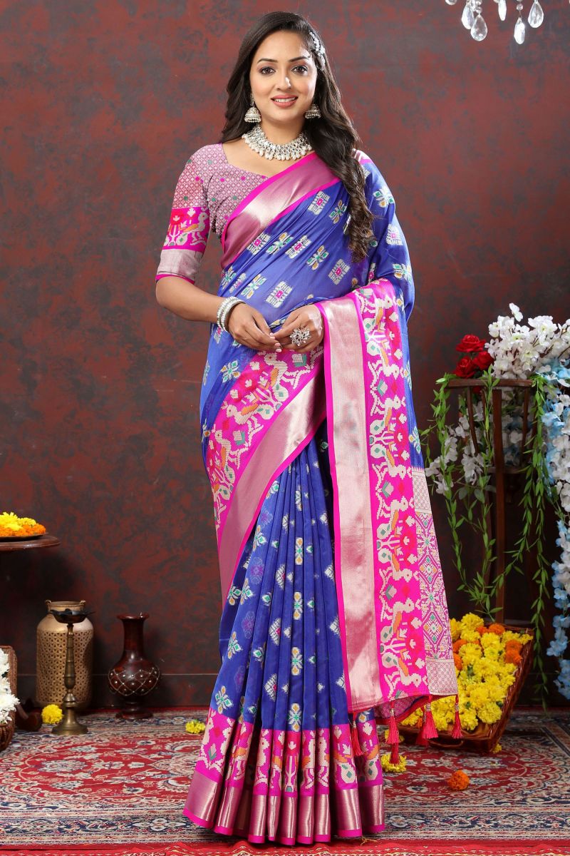 Organza Function Wear Patola Saree In Navy Blue Color With Weaving Work