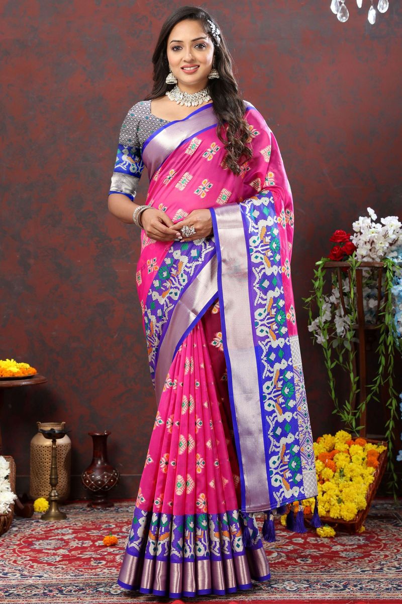 Function Wear Pink Color Weaving Designs Patola Saree In Organza Fabric