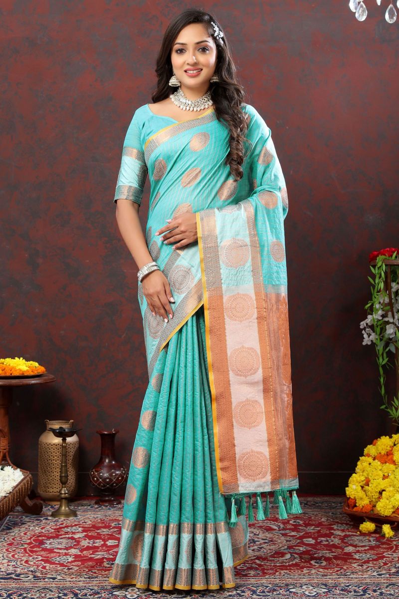Silk Fabric Blue Color Weaving Work Function Wear Jamdani Saree